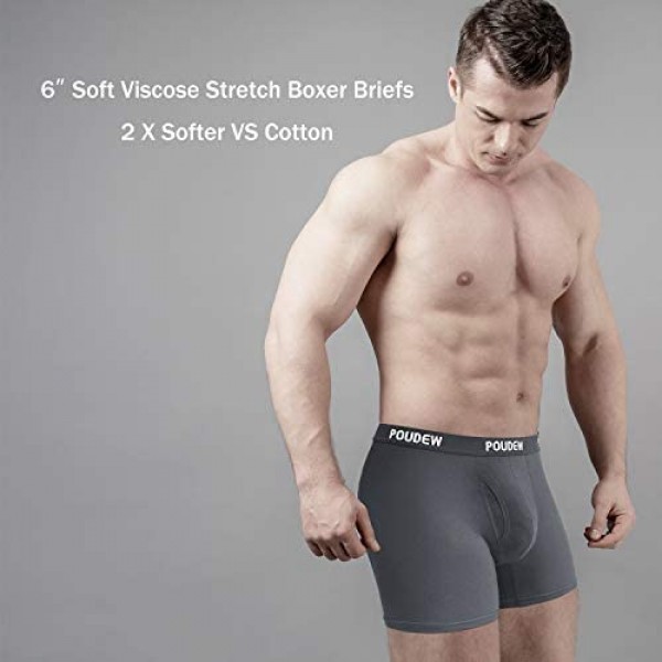 Poudew Men's Underwear 6 Inches Soft Viscose Boxer Briefs Tagless Mens Boxer Briefs with Pouch 5 Pack