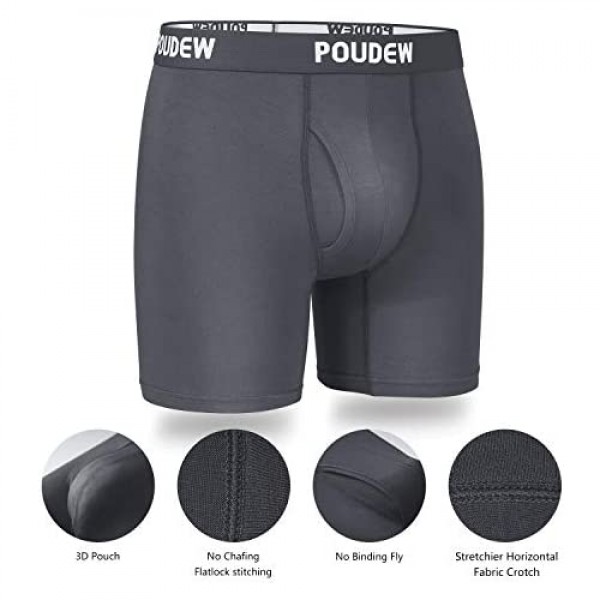 Poudew Men's Underwear 6 Inches Soft Viscose Boxer Briefs Tagless Mens Boxer Briefs with Pouch 5 Pack