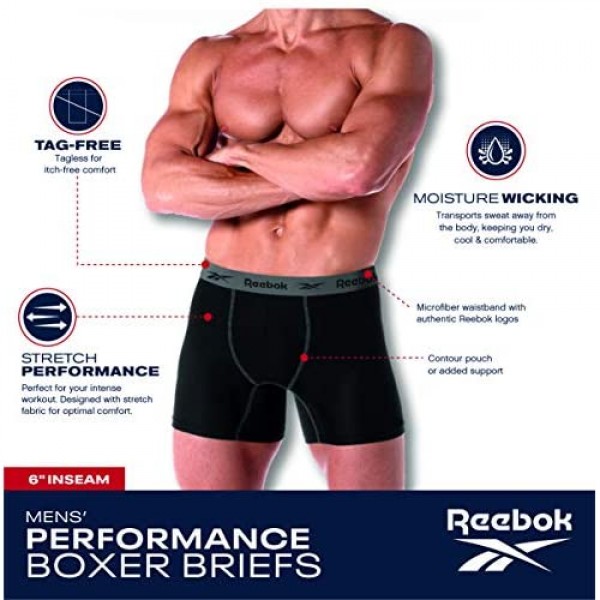 Reebok Mens 6 Pack Performance Quick Dry Moisture Wicking Boxer Briefs