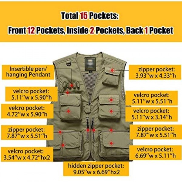 Flygo Men's Casual Outdoor Work Safari Fishing Travel Photo Cargo Vest Jacket Multi Pockets