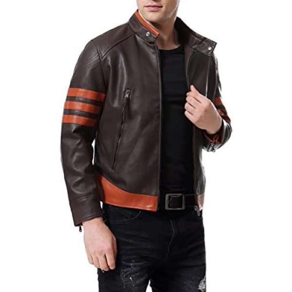 AOWOFS Men's Faux Leather Jacket Brown Moto Motorcycle Bomber Punk Fashion Slim Fit Coat