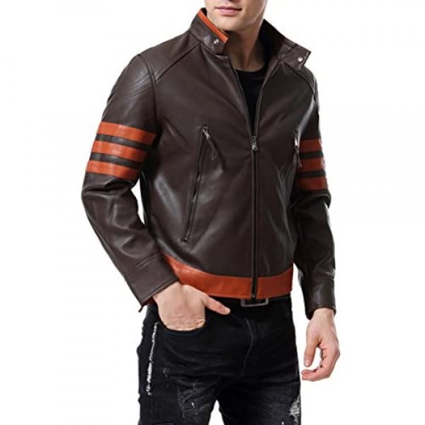 AOWOFS Men's Faux Leather Jacket Brown Moto Motorcycle Bomber Punk Fashion Slim Fit Coat
