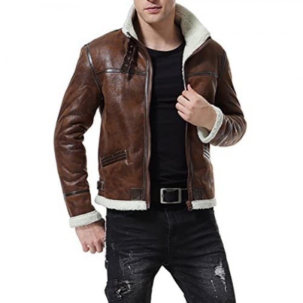AOWOFS Men's Faux Leather Jacket Brown Motorcycle Bomber Shearling Suede Stand Collar