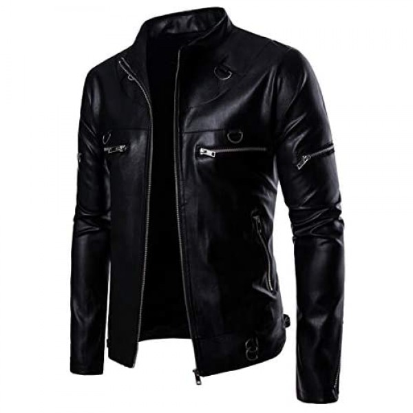 AOWOFS Men's Faux Leather Jacket Slim Fit Motorcyle Punk Lightweight Collarless Coat