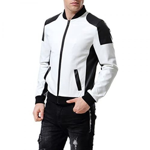 AOWOFS Men's PU Faux Leather Jacket White Black Moto Bomber Fashion Slim Fit Coat