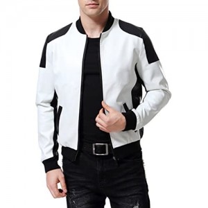 AOWOFS Men's PU Faux Leather Jacket White Black Moto Bomber Fashion Slim Fit Coat