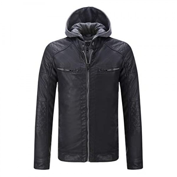 Bellivera Men's Faux Leather Jacket with Detachable Hood Biker Jacket for Spring Fall and Winter
