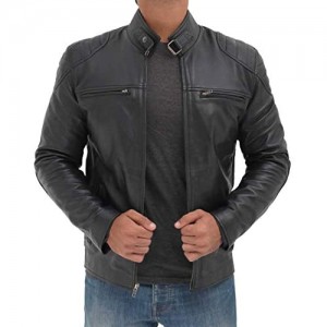 Black Café Racer 100% Real Lambskin Leather Jacket Mens