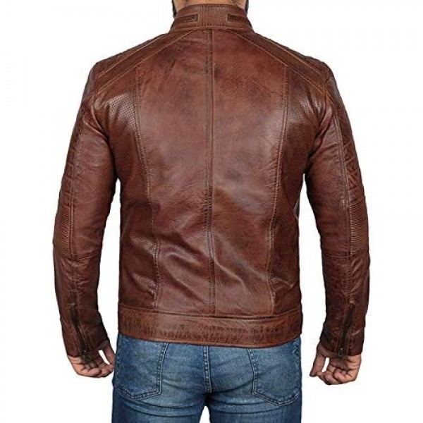 Brown Leather Jacket Mens - Cafe Racer Real Lambskin Leather Distressed Motorcycle Jacket
