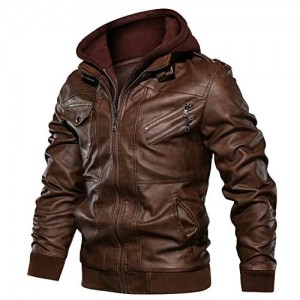 CARWORNIC Men's Faux Leather Jacket Casual Brown Motorcycle Jacket with Removable Hood