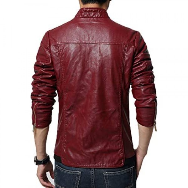 chouyatou Men's Cool Stylish Slim Fit Stand Collar Lightweight Bomber Faux Leather Jacket Coat