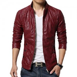 chouyatou Men's Cool Stylish Slim Fit Stand Collar Lightweight Bomber Faux Leather Jacket Coat