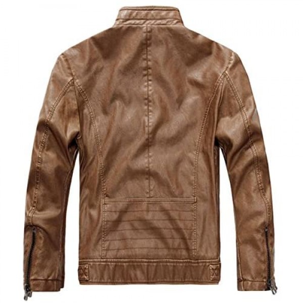 Chouyatou Men's Vintage Stand Collar Pu Leather Jacket