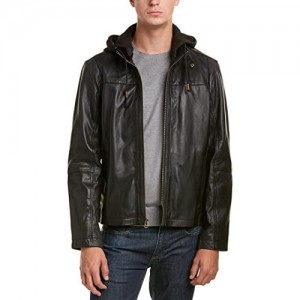 Cole Haan Signature Men's Washed Leather Zip Off Hood Moto Jacket