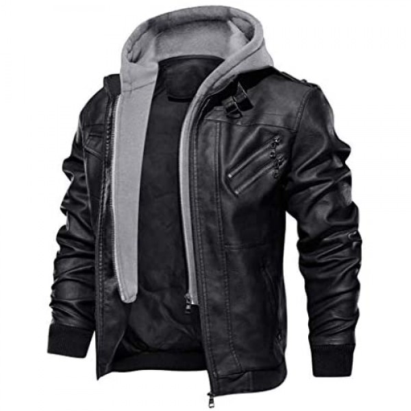 CRYSULLY Men's Leather Jacket-Fall Winter Vintage Motorcycle Biker Jacket with Removable Hood