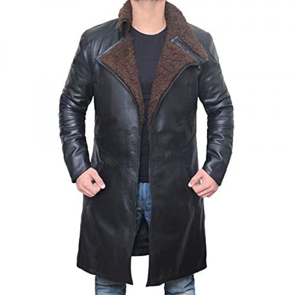 Decrum Black Shearling Leather Trench Coat Mens