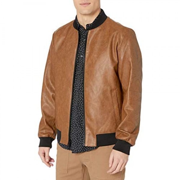 DKNY mens Faux Leather Bomber Jacket