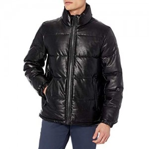 DKNY mens Faux Leather Quilted Ultra Loft Puffer Jacket