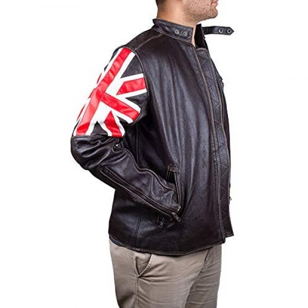 EASTIFIED Men's Union Jack UK Flag Slim Fit Motorcycle Cowhide Brown Leather Jacket