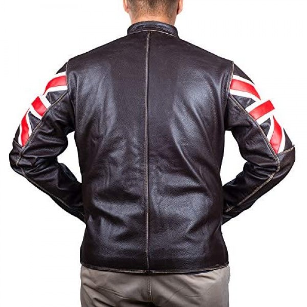 EASTIFIED Men's Union Jack UK Flag Slim Fit Motorcycle Cowhide Brown Leather Jacket