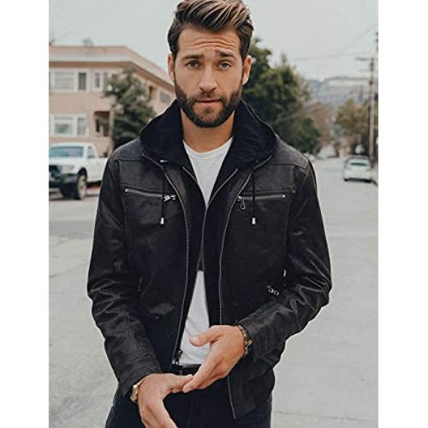 FLAVOR Men Casual Real Leather Motorcycle Jacket with Removable Hood