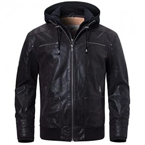 FLAVOR Men Casual Real Leather Motorcycle Jacket with Removable Hood