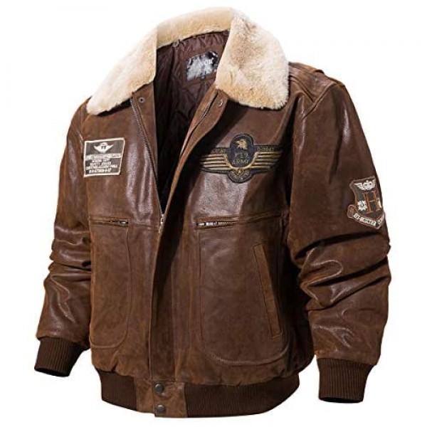 FLAVOR Men's Real Leather Bomber Jacket with Removable Fur Collar Aviator