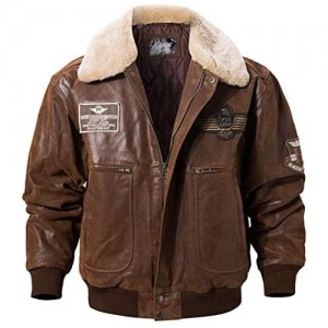 FLAVOR Men's Real Leather Bomber Jacket with Removable Fur Collar Aviator