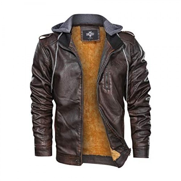 HOOD CREW Men’s Black Brown Coffee Stand Collar Warm PU Faux Leather Zip-Up Motorcycle Jacket with a Removable Hood