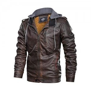 HOOD CREW Men’s Black Brown Coffee Stand Collar Warm PU Faux Leather Zip-Up Motorcycle Jacket with a Removable Hood