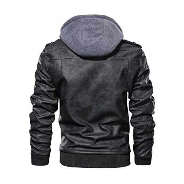 Hood Crew Men’s Casual Stand Collar PU Faux Leather Zip-Up Motorcycle Bomber Jacket With a Removable Hood