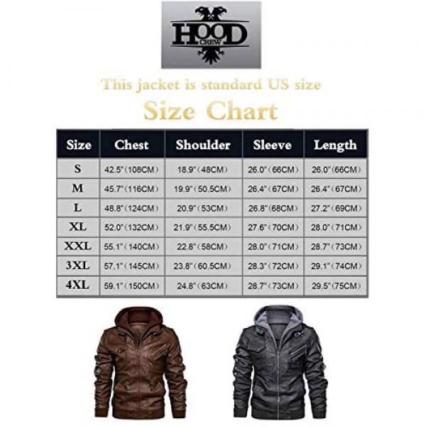 Hood Crew Men’s Casual Stand Collar PU Faux Leather Zip-Up Motorcycle Bomber Jacket With a Removable Hood