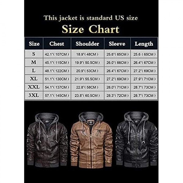 HOOD CREW Men's Warm PU Faux Leather Zip-Up Motorcycle Bomber Jacket with a Removable Hood