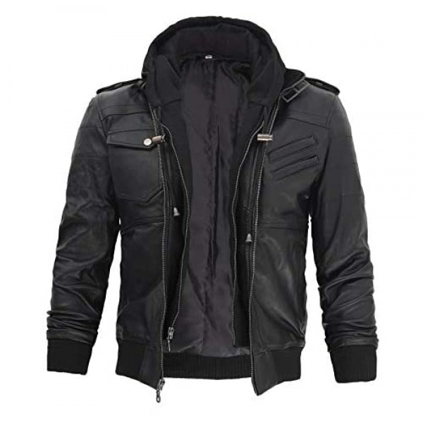 Hooded Leather Jackets for Men - Bomber Motorcycle Mens Black and Brown Hoodie Jacket