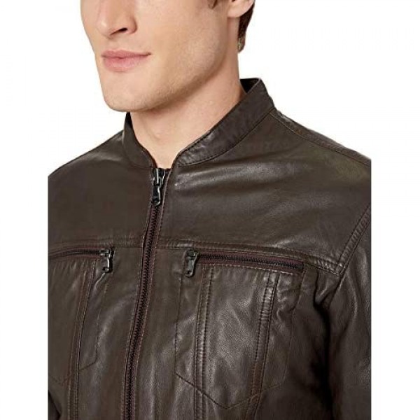 John Varvatos Star USA mens Band Collar Leather Jacket