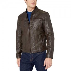 John Varvatos Star USA mens Band Collar Leather Jacket
