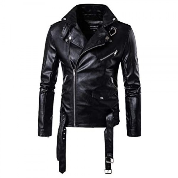 Lavnis Men's PU Leather Jacket Causal Belted Faux Leather Motorcycle Jacket Zipper Biker Coat
