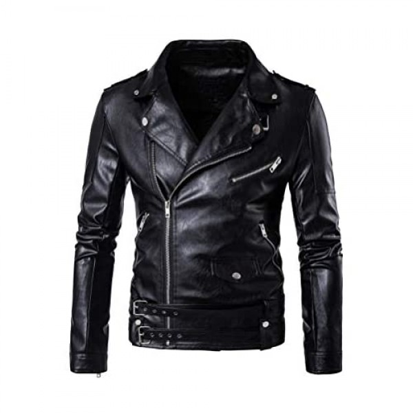 Lavnis Men's PU Leather Jacket Causal Belted Faux Leather Motorcycle Jacket Zipper Biker Coat