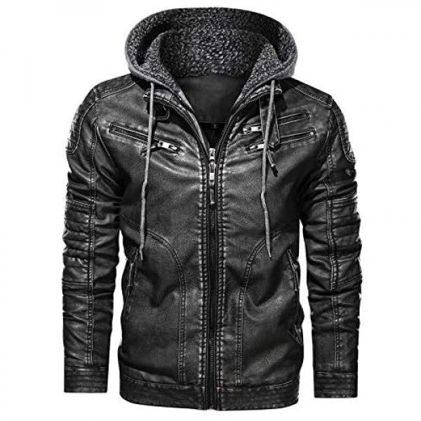 MANSDOUR Men's Faux Leather Jacket Warm Black Motorcycle Bomber Jacket with Removable Hood