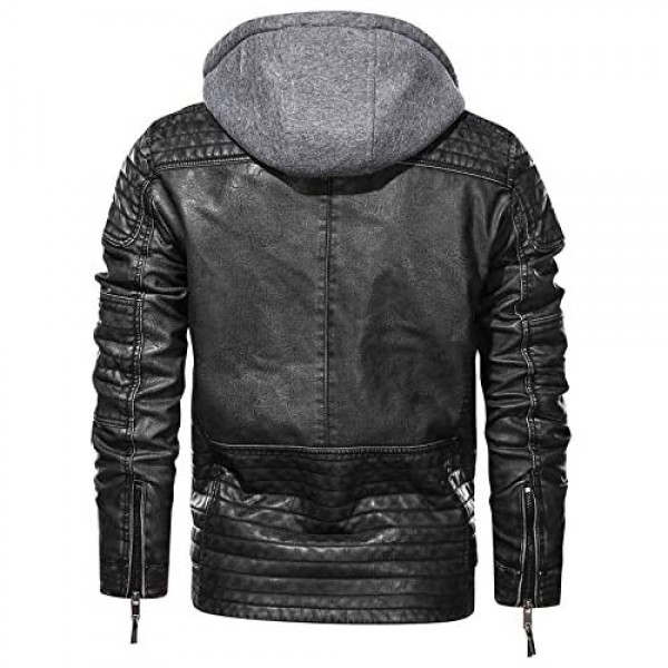 MANSDOUR Men's Faux Leather Jacket Warm Black Motorcycle Bomber Jacket with Removable Hood