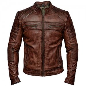 Mens Biker Vintage Antique Brown Cafe Racer Real Leather Jacket