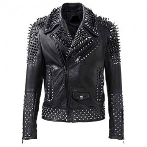 Mens Brando Motorbike Rock Punk Spike Studded Motorcycle Black Biker Leather Jacket