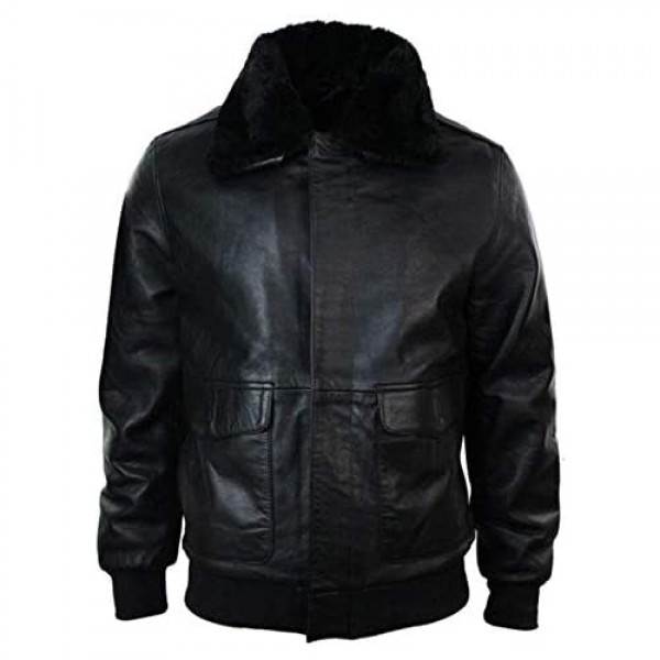 Mens G1 Aviator Navy Air Force Pilot Fur Collar Bomber Black Leather Jacket Real/Faux Leather