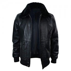 Mens G1 Aviator Navy Air Force Pilot Fur Collar Bomber Black Leather Jacket Real/Faux Leather