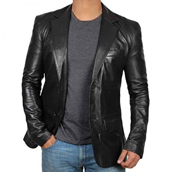 Mens Leather Blazer - Black and Brown Men Sports Lambskin Leather Coat