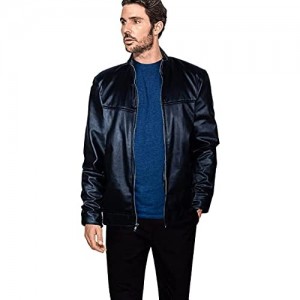 Mens Leather Jacket Smooth Faux Leather Lightweight Slim Stand Collar Motorcycle Racer Jacket