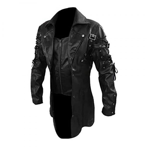 Men's Real Black Leather Goth Matrix Trench Coat Steampunk Gothic Jacket