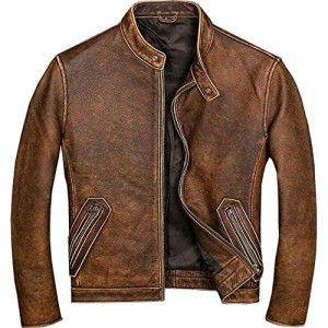 Mens Real Leather Biker Vintage Cafe Racer Motorcycle Distressed Brown Genuine Leather Jacket