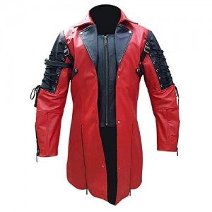 Mens Red and Black Matrix Trench PU Leather Coat Steampunk Gothic