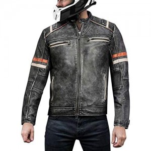 Mens Retro Cafe Racer Vintage Biker Distressed Black Motorcycle Leather Jacket